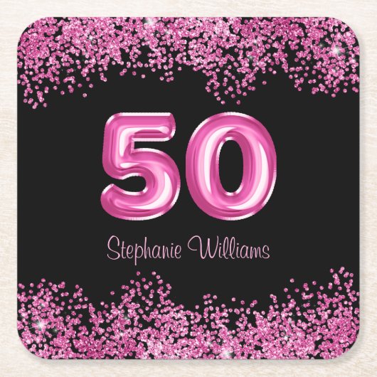 50e verjaardag Hot Pink Balloons Glitter Party Kartonnen Onderzetters (Voorkant)