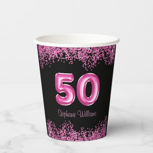 50e verjaardag Hot Pink Balloons Glitter Party Papieren Bekers (Achterkant)