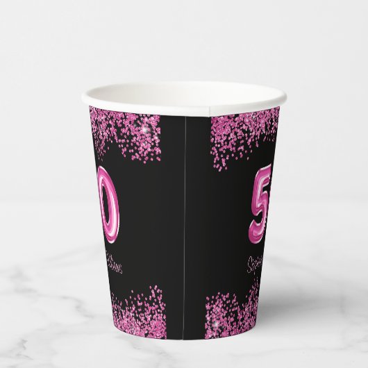 50e verjaardag Hot Pink Balloons Glitter Party Papieren Bekers (Rechts)