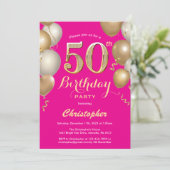 50e verjaardag Hot Pink en Gold Balloons Confetti Kaart (Staand voorkant)