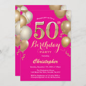 50e verjaardag Hot Pink en Gold Balloons Confetti Kaart (Voorkant / Achterkant)