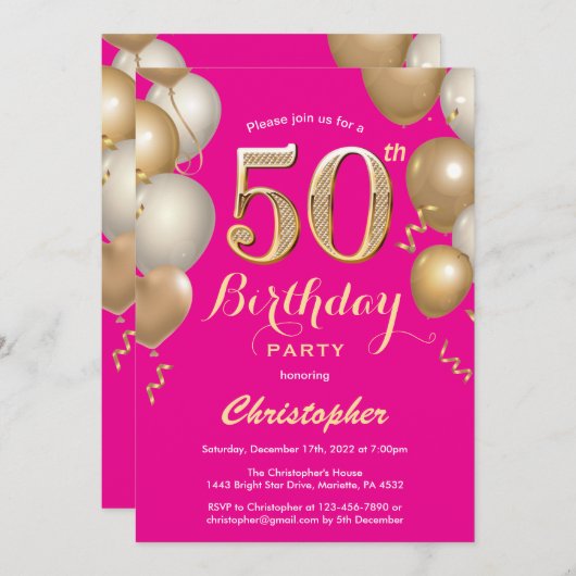 50e verjaardag Hot Pink en Gold Balloons Confetti Kaart (Voorkant / Achterkant)