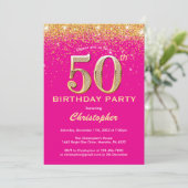 50e verjaardag Hot Pink en Gold Glitter Confetti Kaart (Staand voorkant)
