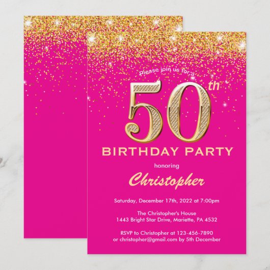 50e verjaardag Hot Pink en Gold Glitter Confetti Kaart (Voorkant / Achterkant)