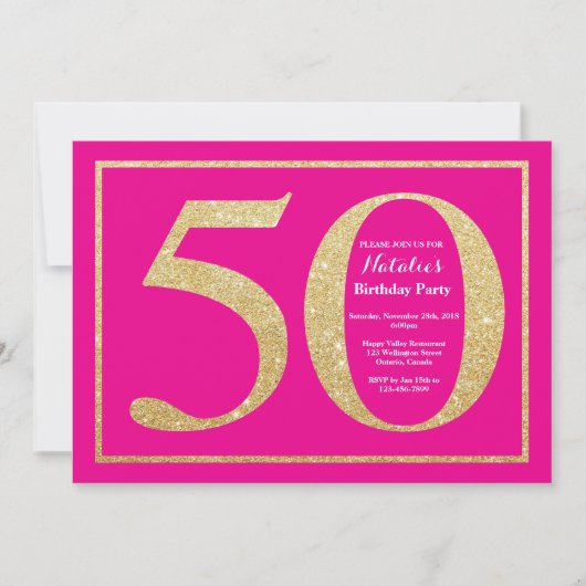 50e verjaardag Hot Pink en Gold Glitter Kaart (Voorkant)
