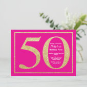 50e verjaardag Hot Pink en Gold Glitter Kaart (Staand voorkant)