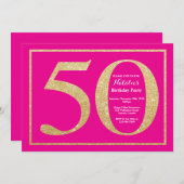 50e verjaardag Hot Pink en Gold Glitter Kaart (Voorkant / Achterkant)