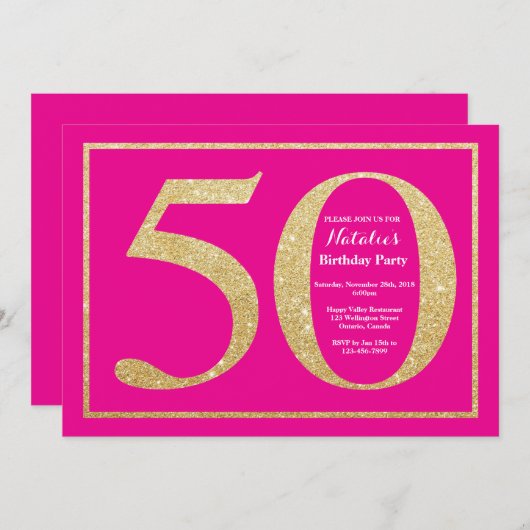50e verjaardag Hot Pink en Gold Glitter Kaart (Voorkant / Achterkant)