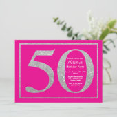 50e verjaardag Hot Pink en Silver Glitter Kaart (Staand voorkant)
