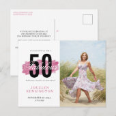 50e verjaardag Hot Pink Waterverf Foto Briefkaart (Voorkant / Achterkant)