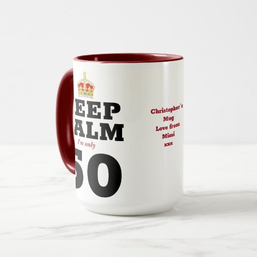 50e verjaardag Houd kalm toevoegen Bericht Funny Mok (Voorkant links)
