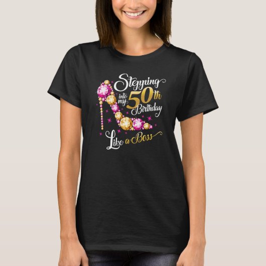 50e verjaardag. Ik stap in mijn 50e B-dag T-shirt (Voorkant)