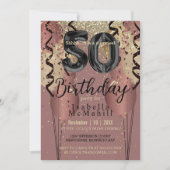 50e verjaardag in Black and Roos Gold Glitter Kaart (Voorkant)