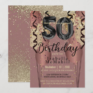 50e verjaardag in Black and Roos Gold Glitter Kaart