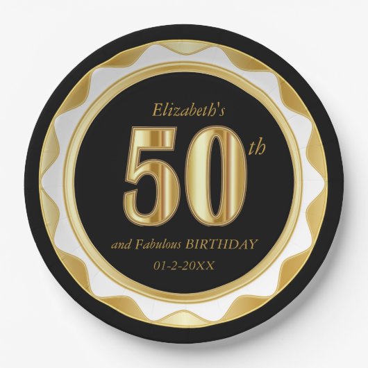 50e verjaardag / Jubileum - zwart & goud Papieren Bordje (Voorkant)