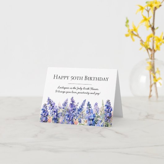 50e verjaardag juli Geboortemaand Bloem Larkspur Kaart (Gele Bloem)