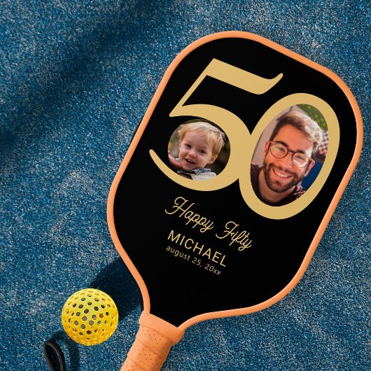 50e verjaardag Keepsake Zwart Goud 2 foto's Naam Pickleball Paddle