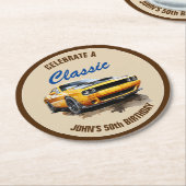 50e verjaardag klassieke gele spier auto ronde kartonnen onderzetter (Gebogen)