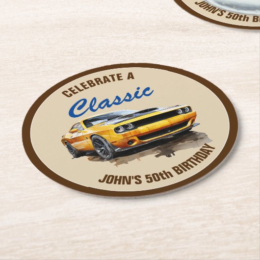 50e verjaardag klassieke gele spier auto ronde kartonnen onderzetter (Gebogen)