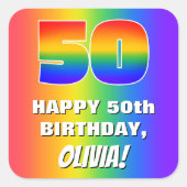 50e verjaardag: kleurrijk, vun regenboogpatroon #  vierkante sticker (Voorkant)