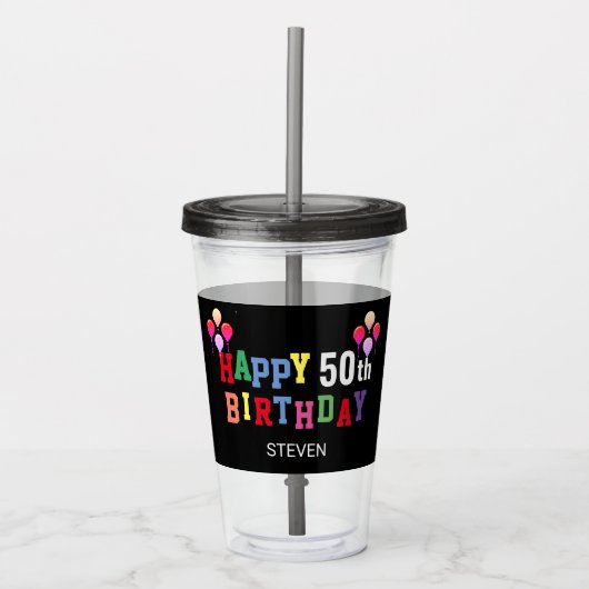 50e verjaardag kleurrijke ballonnen gepersonalisee acryl drinkbeker (Voorkant)