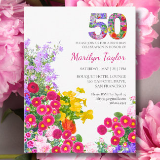 50e verjaardag Kleurrijke bloem 50 Tuinfeest Uitnodiging Briefkaart