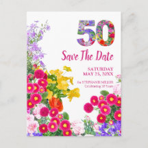 50e Verjaardag Kleurrijke Bloemige 50 Save the Dat