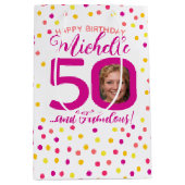 50e verjaardag kleurrijke roze gele confetti foto medium cadeauzakje (Voorkant)