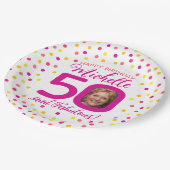 50e verjaardag kleurrijke roze gele confetti foto papieren bordje (Gekanteld)