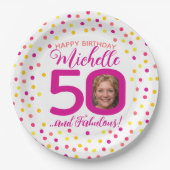 50e verjaardag kleurrijke roze gele confetti foto papieren bordje (Voorkant)