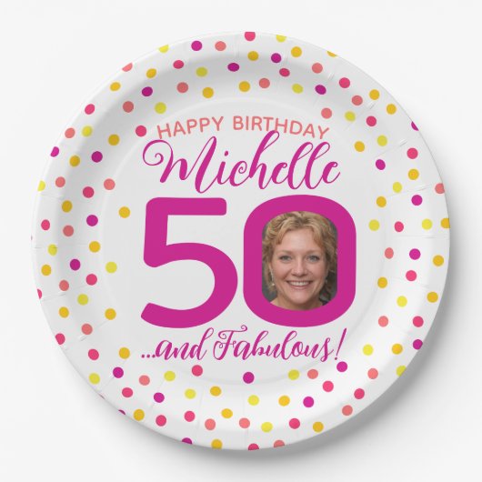 50e verjaardag kleurrijke roze gele confetti foto papieren bordje (Voorkant)