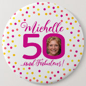 50e verjaardag kleurrijke roze gele confetti foto ronde button 6,0 cm (Voorkant)