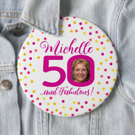50e verjaardag kleurrijke roze gele confetti foto ronde button 6,0 cm