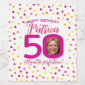 50e verjaardag kleurrijke roze gele confetti foto wijn etiket (Enkel label)
