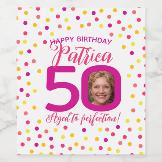 50e verjaardag kleurrijke roze gele confetti foto wijn etiket (Enkel label)