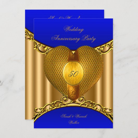 50e verjaardag Koningsblauw Gouden Hart Kaart (Voorkant / Achterkant)