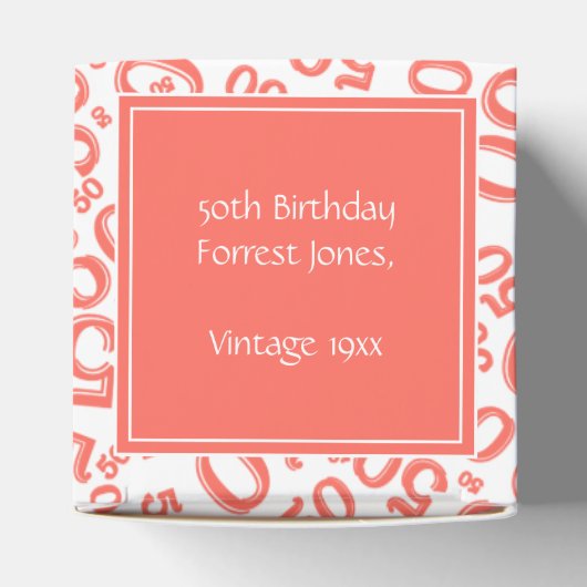 50e verjaardag koraal/wit nummerpatroon bedankdoosjes (Bovenkant)