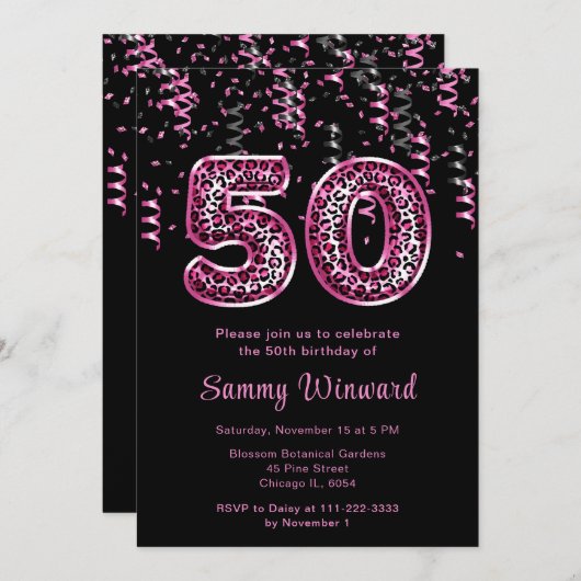 50e verjaardag Leopard Print Ballonnen met Confett Kaart (Voorkant / Achterkant)