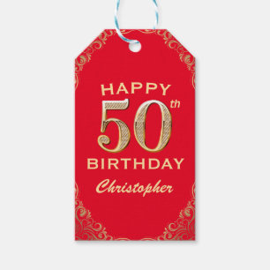 50e verjaardag Lijst van Red en Gold Glitter Cadeaulabel