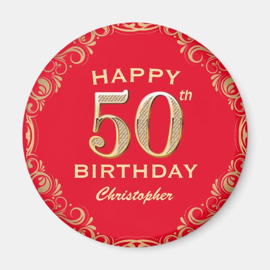 50e verjaardag Lijst van Red en Gold Glitter Magneet (Voorkant)