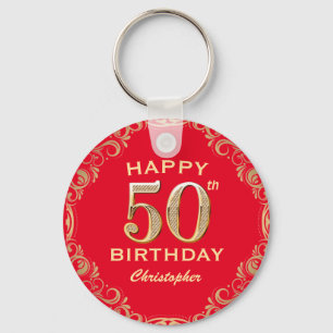 50e verjaardag Lijst van Red en Gold Glitter Sleutelhanger