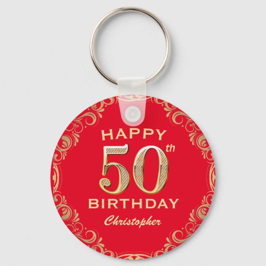 50e verjaardag Lijst van Red en Gold Glitter Sleutelhanger (Voorkant)