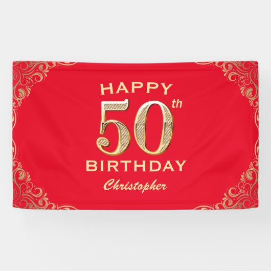 50e verjaardag Lijst van Red en Gold Glitter Spandoek (Horizontaal)