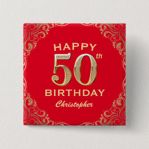 50e verjaardag Lijst van Red en Gold Glitter Vierkante Button 5,1 Cm