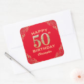 50e verjaardag Lijst van Red en Gold Glitter Vierkante Sticker (Envelop)