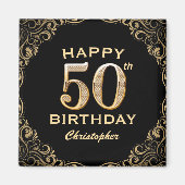 50e verjaardag Lijst voor zwarte en goudglitter Magneet (Voorkant)