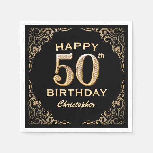 50e verjaardag Lijst voor zwarte en goudglitter Servet (Voorkant)