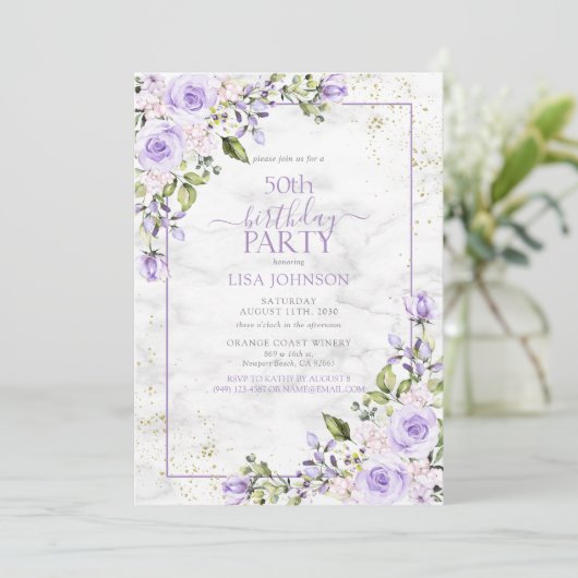 50e Verjaardag Lila Lavendel Waterverf Marmer Kaart (Staand voorkant)