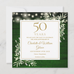 50e verjaardag Loofgroen Houten Lichten Vierkant Save The Date