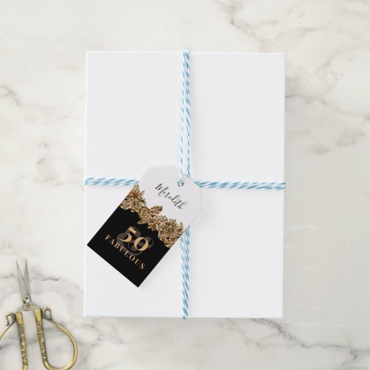 50e verjaardag Luxe Gouden Bloemen Elegant Klasse Cadeaulabel (Met Touw)